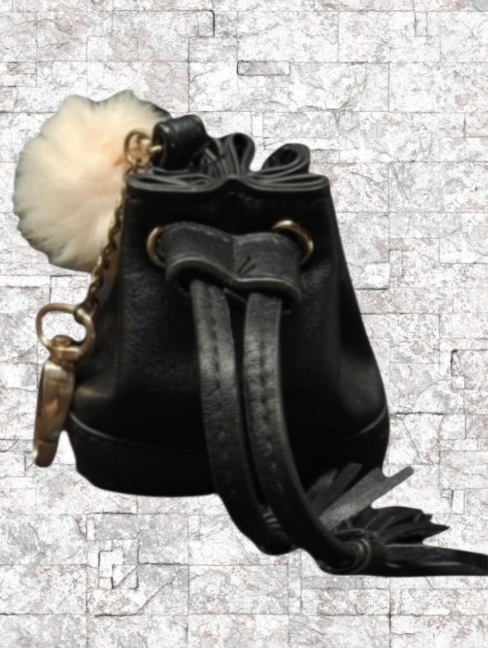 MINI TASSEL DRAWSTRING BUCKET BAG KEY FOB/COIN PURSE - BLACK